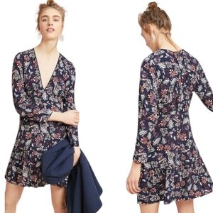 Ella Moss Dress S Women ALine Floral Blue Long Sleeve Faux Wrap Ruffle Hem Fairy